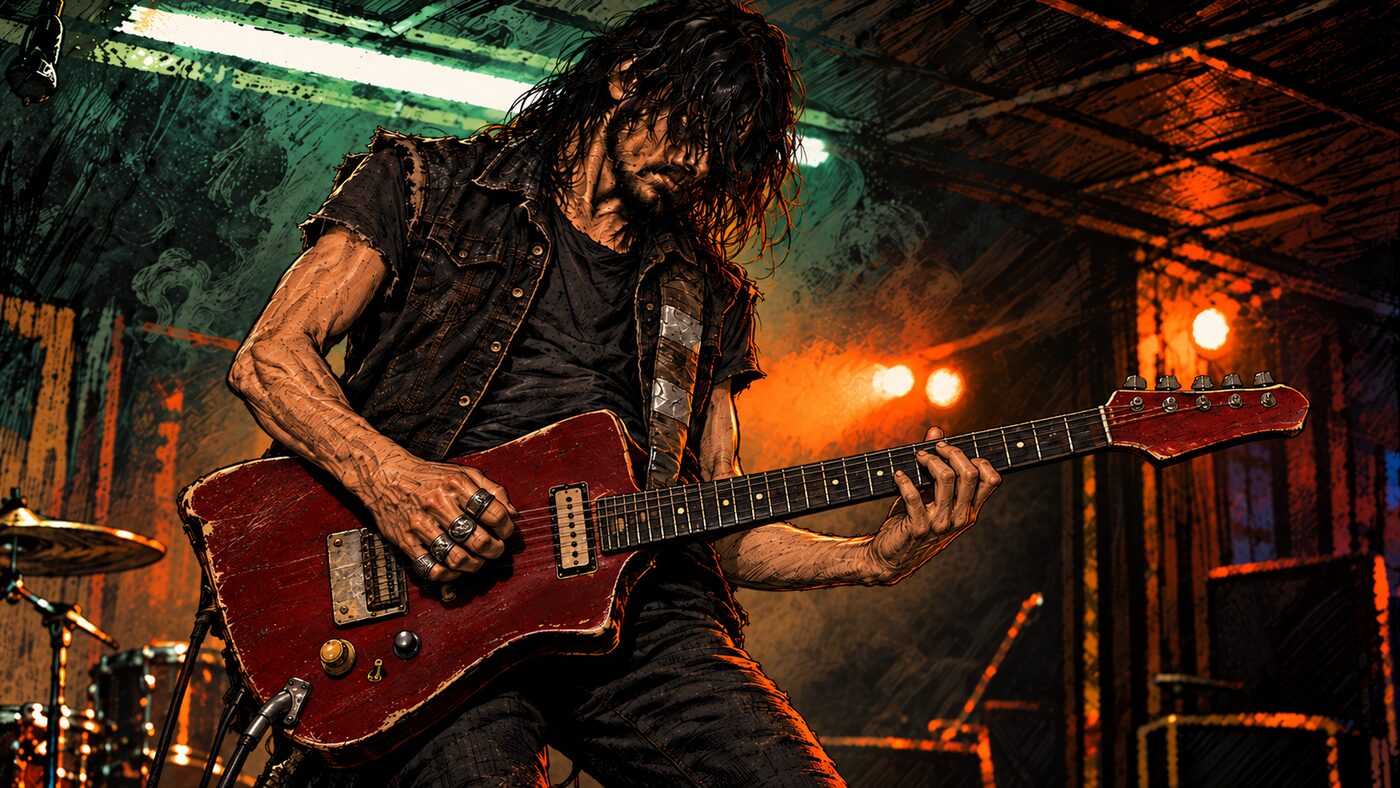 Illustration of Remy Delacroix, hair over his eyes, playing a worn red guitar.