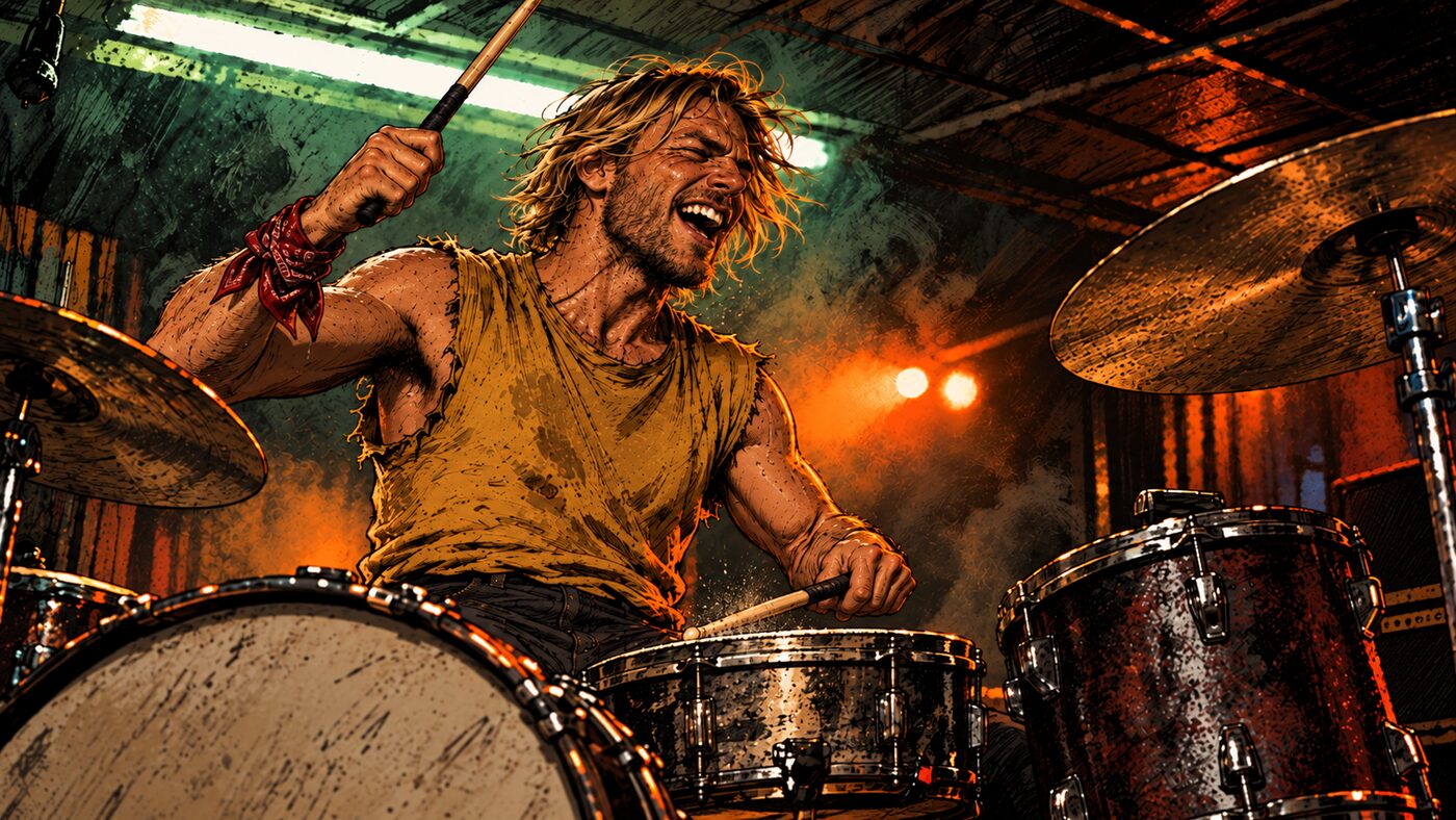 Illustration of Caleb Rourke mid-swing behind the drums, red bandana on his wrist.