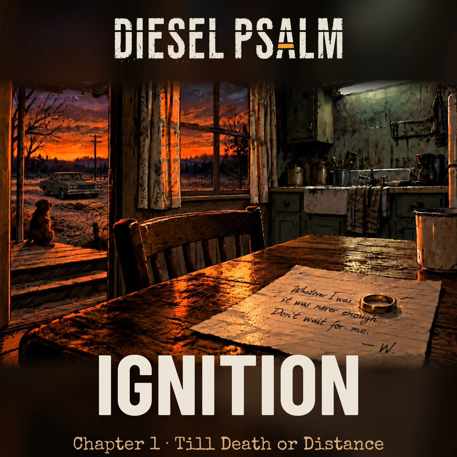 Ignition single artwork: a ring and a letter on a kitchen table, with a sedan waiting outside.
